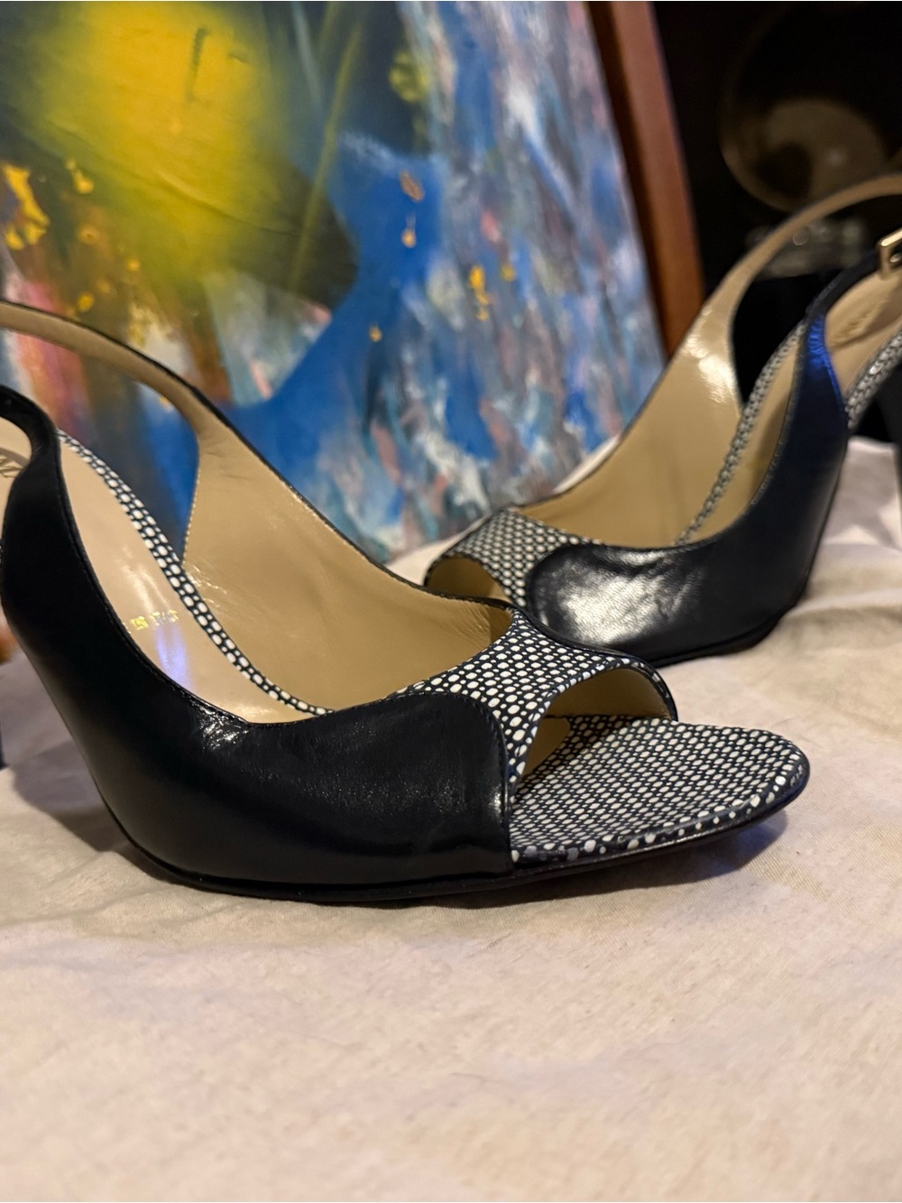 Bruno Magli Black Leather Slingback Heels with Black-and-White Patterned Toe
